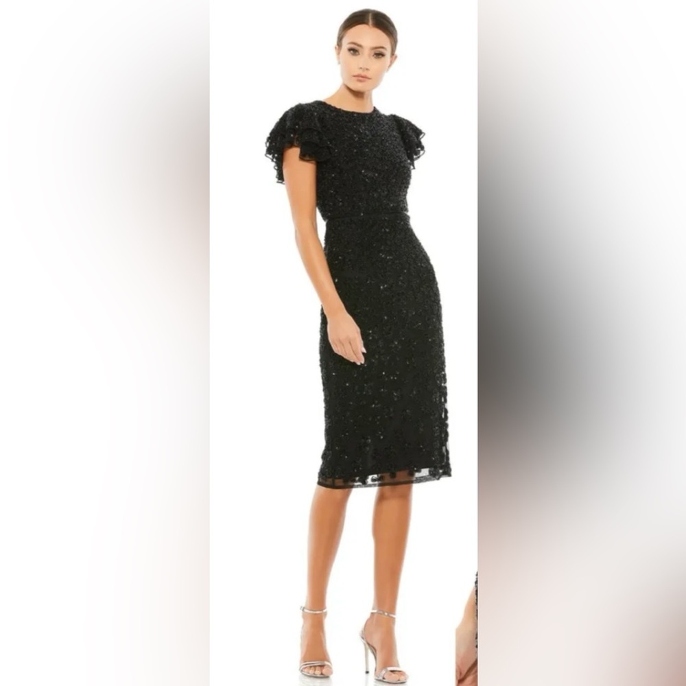 New Mac Duggal sequin mesh flounce sleeve dress 0